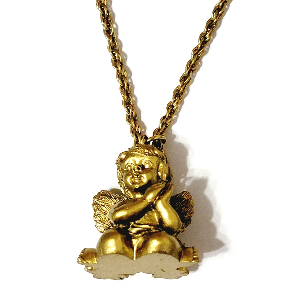 Cherub Angel Pendant Necklace Gold-tone 30" Chain Christmas Jewelry h-35